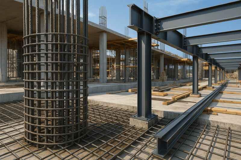 ilustrasi perbandingan penggunaan baja profil dan baja tulangan pada bangunan